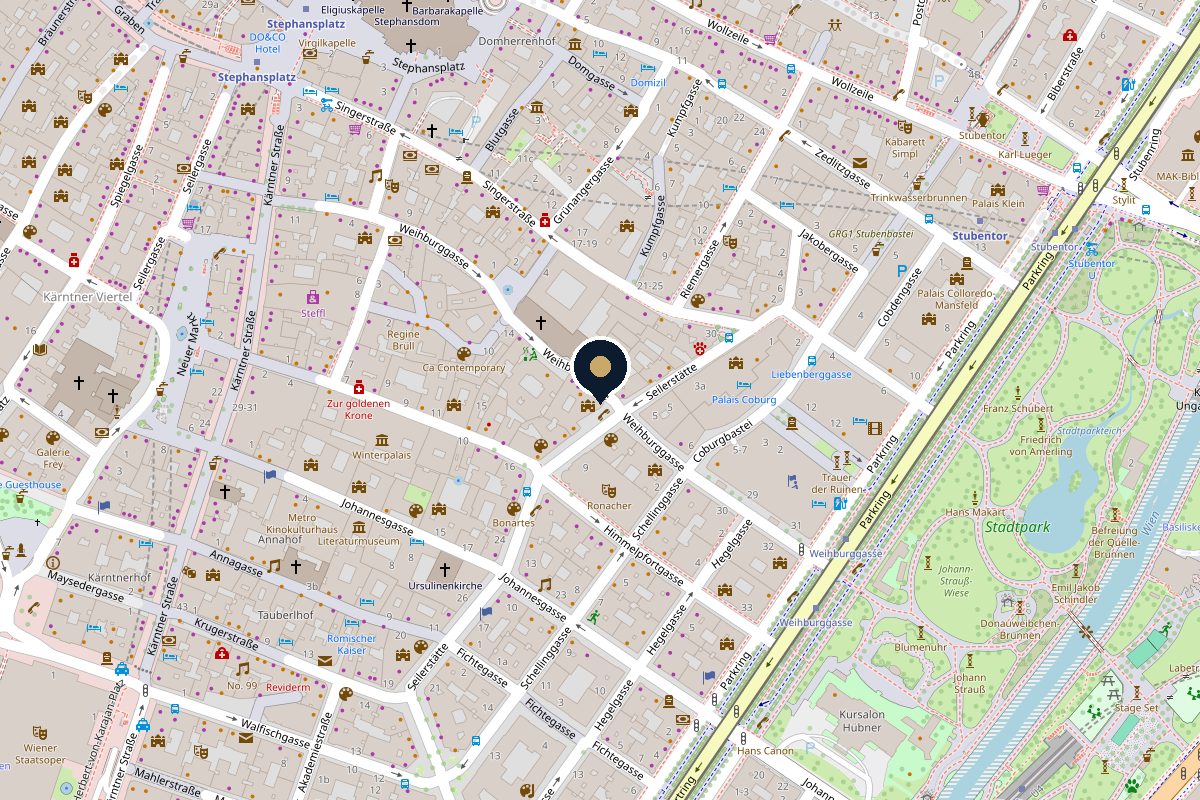Kartenausschnitt: Boutique Tina Blue, Weihburggasse 22 / Ecke Seilerstätte, 1010 Wien – nahe Stephansplatz und Stadtpark